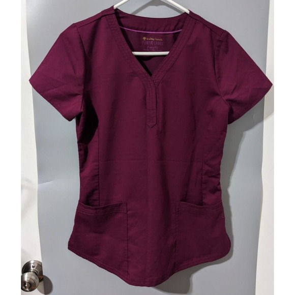Women's Royal Burgundy Red Purple Label By Healing Hands Scrub Top Size Small - Picture 1 of 7
